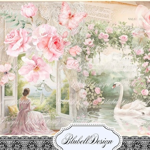 Kit de scrapbooking "Rose Garden" em estilo shabby chic pastel, para impressão em estilo junk journal.