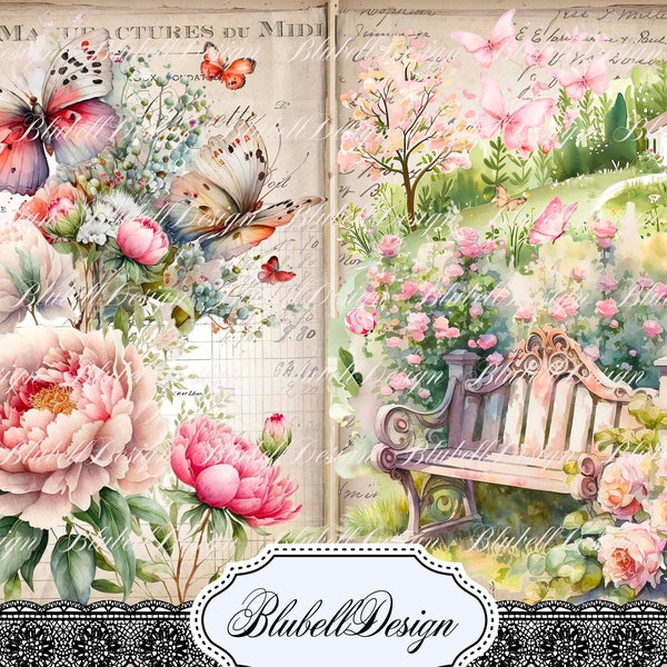 papier digital nature vintage  " Fleurs et papillons" scrapbooking kit junk journal téléchargement numérique imprimable