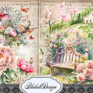 Carta digitale natura vintage "Fiori e farfalle" kit di scrapbooking diario spazzatura download digitale stampabile
