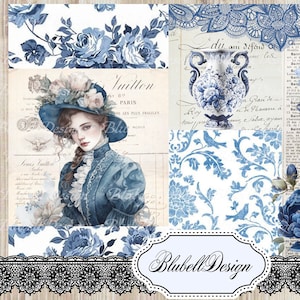Kit papiers imprimés victoriens  "Nuances de bleu " kit junk journal scrapbooking