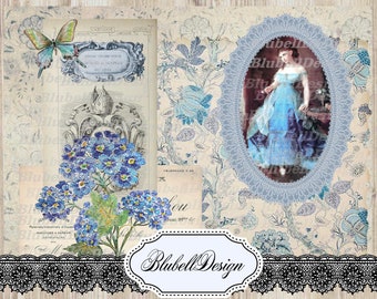 Kit papiers imprimés shabby  "Ce rêve bleu" kit junk journal scrapbooking