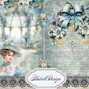 papier digital de Noël victorien "Noël shabby bleu" scrapbooking kit junk journal téléchargement numérique imprimable
