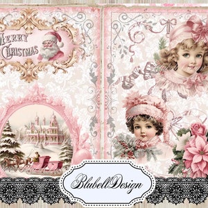 Kit papiers imprimés rose pastel shabby  "Douce nuit de Noël " kit junk journal scrapbooking