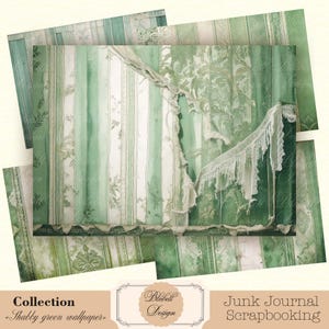 Kit papiers imprimés basiques vintage  "Shabby green wallpaper" kit junk journal papiers scrapbooking