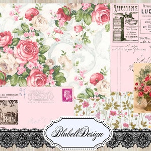 kit de papiers vintages numériques Vie en rose . scrapbooking junk journal kit téléchargement numérique imprimable papier digital