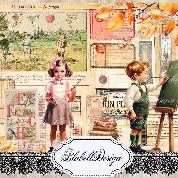 vintage digital paper "First day of school" scrapbooking kit junk journal printable digital download