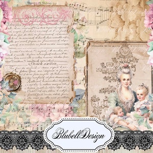 Kit papiers imprimés shabby   "Comtesse Hortense" kit junk journal papier scrapbooking