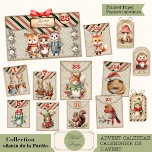 May include: Advent calendar with forest animal illustrations. The calendar features numbered envelopes with images of a deer, fox, squirrel, and other woodland creatures. The text "Merry Christmas" is visible. The collection is titled "Amis de la Forêt".