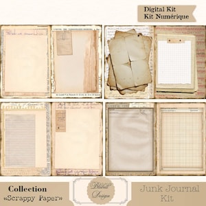 Peut inclure: Un kit numérique de papier de scrapbooking de style vintage. L'image présente diverses textures de papier vieilli, y compris des pages lignées, quadrillées et vierges, avec du texte et des étiquettes. Le texte "Kit Numérique" et "Junk Journal Kit" sont visibles.