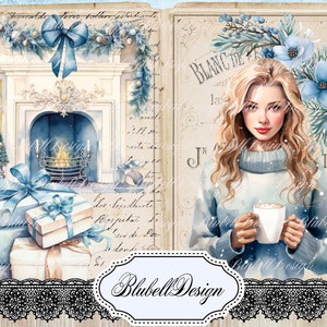 blauw kerst digitaal papier "Blue December" scrapbooking kit junk journal afdrukbare digitale download