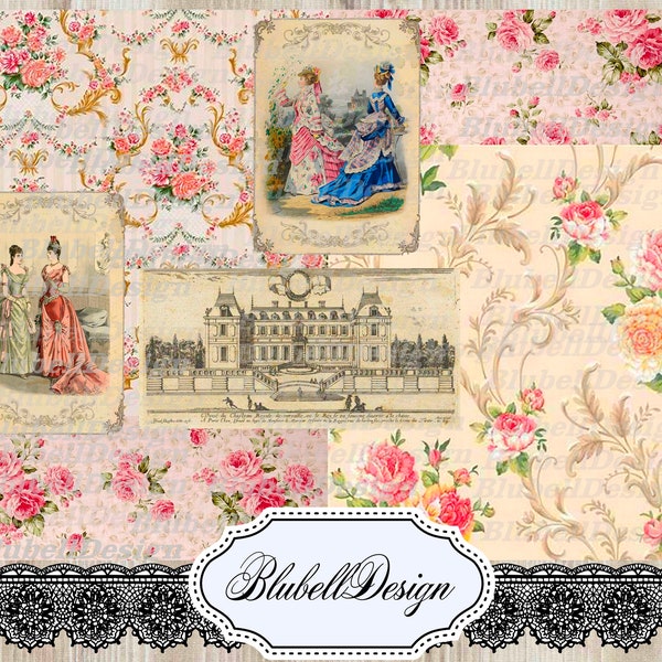 Kit 10 papiers imprimés vintage "Collages Palais Royal" , junk journal kit  scrapbboking