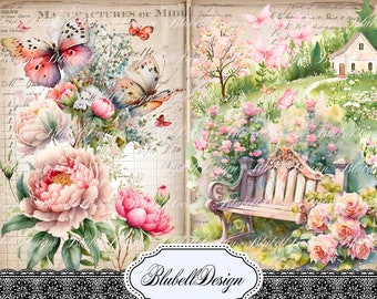 papier digital nature vintage  " Fleurs et papillons" scrapbooking kit junk journal téléchargement numérique imprimable