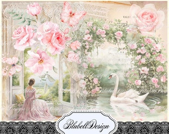 papier digital pastel shabby  " Jardin de roses " scrapbooking kit junk journal téléchargement numérique imprimable