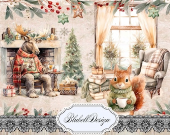 cute christmas digital paper "Little Christmas Animals" scrapbooking kit junk journal printable digital download