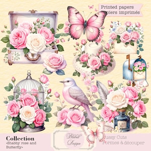 Kit papiers imprimés victoriens découpes difficiles "Shabby rose and butterfly" kit junk journal papier scrapbooking