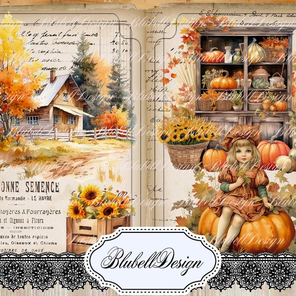 Kit papiers imprimés d'automne vintage  "La ferme aux potirons " kit junk journal scrapbooking