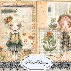 papier digital pastel "Petites filles d'automne" scrapbooking kit junk journal téléchargement numérique imprimable