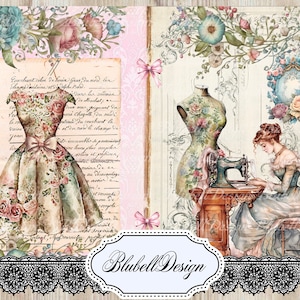 Victoriaans bedrukt papierpakket "bij de naaister" junk journal scrapbookingpakket
