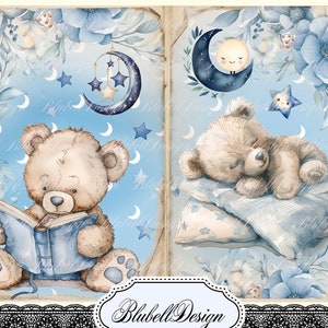 Kit papiers imprimés bébé bleu "Ours câlin" kit junk journal papiers scrapbooking
