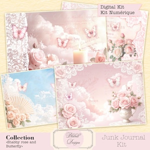 papier digital shabby pastel " Shabby rose and butterfly" scrapbooking kit junk journal téléchargement numérique imprimable digital art
