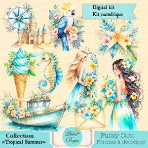 Découpes difficiles papier digital vintage "Tropical Summer" 128 images scrapbooking kit junk journal téléchargement numérique imprimable