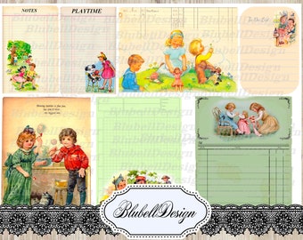 May include: A digital printable set of vintage-style school-themed papers with illustrations of children playing. The papers include a to-do list, notes, playtime, and a blank page with a green grid.