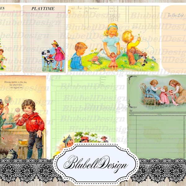 papiers numériques vintage "Jeux d'enfants" 45 images scrapbooking junk journal kit téléchargement numérique imprimable papier digital