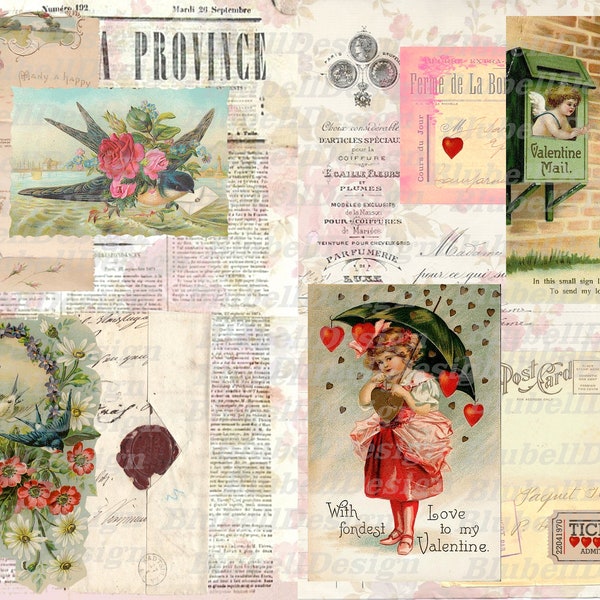 Kit 4 papiers imprimés vintage "saint valentin & amour" junk journal kit