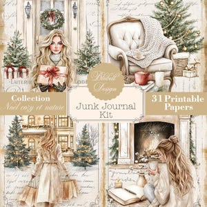 papier digital vintage "Noël cozy et nature " scrapbooking kit junk journal téléchargement numérique imprimable