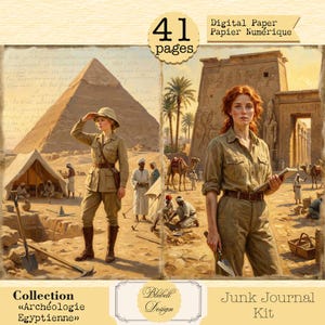 May include: Digital paper junk journal kit with an archeology theme. The image features illustrations of pyramids, ancient ruins, and people in explorer attire. The text includes "41 pages", "Digital Paper", and "Junk Journal Kit".