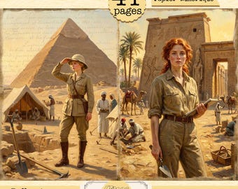 Puede incluir: Kit de diario digital de papel con temática de arqueología. La imagen presenta ilustraciones de pirámides, ruinas antiguas y personas con atuendo de explorador. El texto incluye "41 páginas", "Papel Digital" y "Junk Journal Kit".