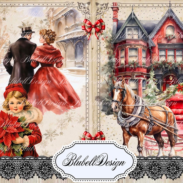 papier digital victorien "Noël au manoir" scrapbooking kit junk journal téléchargement numérique imprimable