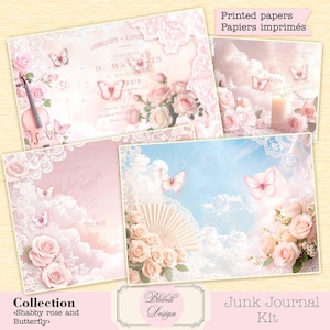 Kit papiers imprimés shabby pastel "Shabby rose and butterfly" kit junk journal papier scrapbooking 120g et 160g