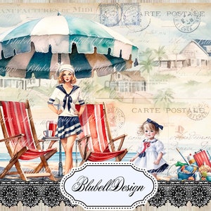 papier digital vintage  "Vacances à la mer " scrapbooking kit junk journal téléchargement numérique imprimable