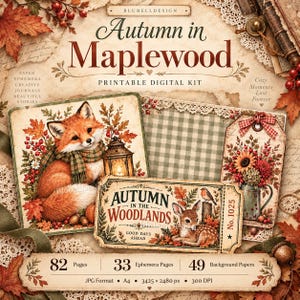 May include: A printable digital kit titled Autumn in Maplewood featuring a fox with a plaid scarf, a lantern, a deer, and floral arrangements. The collection includes 82 pages, 33 ephemera pages, and 49 background papers in JPG format at 300 DPI.