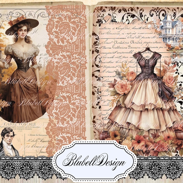 Kit papiers imprimés d'automne victorien  "Le journal de Lady Autumn " kit junk journal scrapbooking