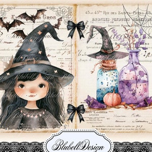 Kit papiers imprimés d'Halloween "Adorable Sorcière" kit junk journal papiers scrapbooking