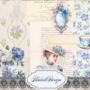 papier digital victorien  "Nuances de bleu " scrapbooking junk journal kit téléchargement numérique imprimable