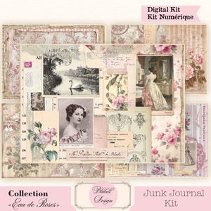 Op de afbeelding: Een digitale junk journal kit met een vintage esthetiek. De kit bevat diverse ephemera, zoals bloemenillustraties, portretten en handgeschreven notities. Het kleurenpalet is zacht, met roze, crèmes en beige tinten. De tekst "Digital Kit Kit Numérique" is zichtbaar.