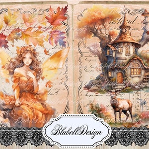 Kit papiers imprimés féérique d'automne  "Demoiselle Nature " kit junk journal scrapbooking