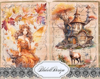 Kit of magical autumn printed papers "Demoiselle Nature" junk journal scrapbooking kit