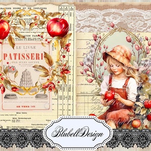 papier digital vintage  "Saison des pommes" scrapbooking kit junk journal téléchargement numérique imprimable