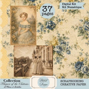 Peut inclure: Un kit de scrapbooking numérique intitulé Whispers of the Château comprenant 37 pages de papier au style vintage. Le design présente des motifs floraux bleus et jaunes, le portrait d'un enfant en robe bleue et une scène sépia avec deux silhouettes.