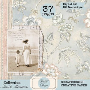 Può includere: Un kit digitale per scrapbooking contenente 37 pagine di carta creativa. Il design presenta uno sfondo azzurro con un motivo floreale, una fotografia vintage di una persona e un bambino su una spiaggia e sovrapposizioni di testo scritto a mano.