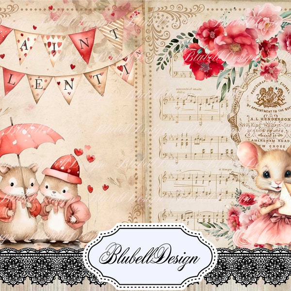 papier digital de Saint Valentin  " Valentine et Valentin" scrapbooking kit junk journal téléchargement numérique imprimable