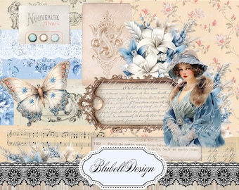 papier digital vintage "Belle d'hiver" scrapbooking kit junk journal téléchargement numérique imprimable