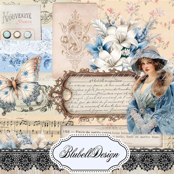 papier digital vintage "Belle d'hiver" scrapbooking kit junk journal téléchargement numérique imprimable