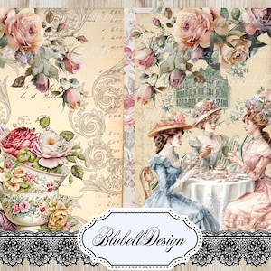 papier digital victorien  "A l'heure du thé " scrapbooking junk journal kit téléchargement numérique imprimable papier digital