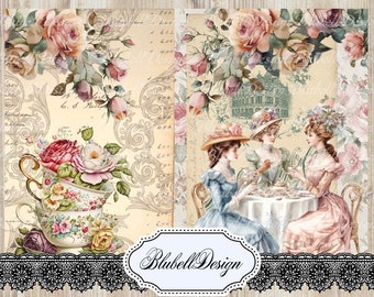 Peut inclure: Papier numérique de style vintage avec un motif floral de roses et une scène de goûter. Le papier a un fond crème avec un motif floral délicat et une bordure en dentelle. Le texte "Bluebell Design" est visible en bas de l'image.