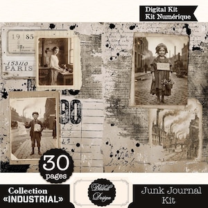Puede incluir: Kit de diario digital con temática industrial. El diseño presenta fotografías vintage, texto manuscrito y salpicaduras de tinta. Incluye el texto "Digital Kit Kit Numérique", "30 pages", "Collection INDUSTRIAL" y "Junk Journal Kit".